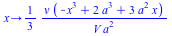 proc (x) options operator, arrow; `+`(`/`(`*`(`/`(1, 3), `*`(v, `*`(`+`(`-`(`*`(`^`(x, 3))), `*`(2, `*`(`^`(a, 3))), `*`(3, `*`(`^`(a, 2), `*`(x))))))), `*`(V, `*`(`^`(a, 2))))) end proc