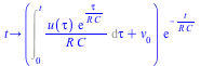 proc (t) options operator, arrow; `*`(`+`(Int(`/`(`*`(u(tau), `*`(exp(`/`(`*`(tau), `*`(R, `*`(C)))))), `*`(R, `*`(C))), tau = 0 .. t), v[0]), `*`(exp(`+`(`-`(`/`(`*`(t), `*`(R, `*`(C)))))))) end proc