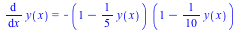 diff(y(x), x) = `+`(`-`(`*`(`+`(1, `-`(`*`(`/`(1, 5), `*`(y(x))))), `*`(`+`(1, `-`(`*`(`/`(1, 10), `*`(y(x)))))))))