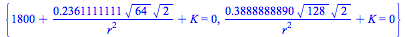 {`+`(1800, `/`(`*`(.2361111111, `*`(`^`(64, `/`(1, 2)), `*`(`^`(2, `/`(1, 2))))), `*`(`^`(r, 2))), K) = 0, `+`(`/`(`*`(.3888888890, `*`(`^`(128, `/`(1, 2)), `*`(`^`(2, `/`(1, 2))))), `*`(`^`(r, 2))), ...