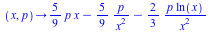 proc (x, p) options operator, arrow; `+`(`*`(`/`(5, 9), `*`(p, `*`(x))), `-`(`/`(`*`(`/`(5, 9), `*`(p)), `*`(`^`(x, 2)))), `-`(`/`(`*`(`/`(2, 3), `*`(p, `*`(ln(x)))), `*`(`^`(x, 2))))) end proc