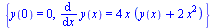 {y(0) = 0, diff(y(x), x) = `+`(`*`(4, `*`(x, `*`(`+`(y(x), `*`(2, `*`(`^`(x, 2))))))))}